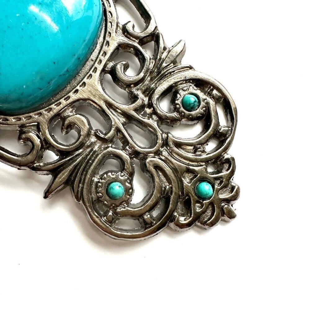 1pc Vintage filigree buckle faux turquoise accents. Gunmetal finish. 5 x 2.75 - Picture 5 of 11